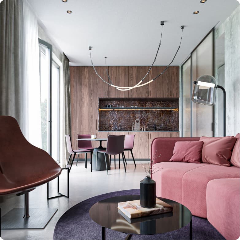 Obývací pokoj s kuchyňskou linkou